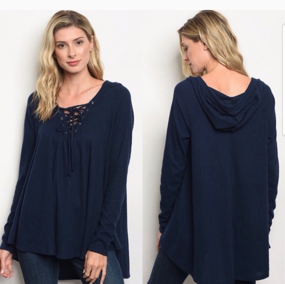 Maronie Tops - BRAND NEW Navy Ribbed Knit Hooded Top